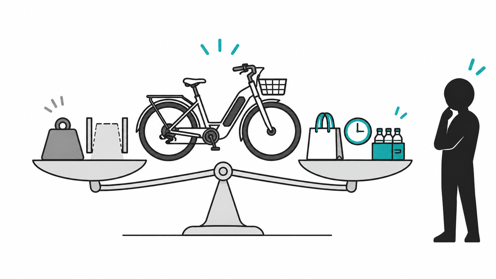 電動自転車を捨てるか残すか、メリットと負担を天秤にかけて考えるイラスト